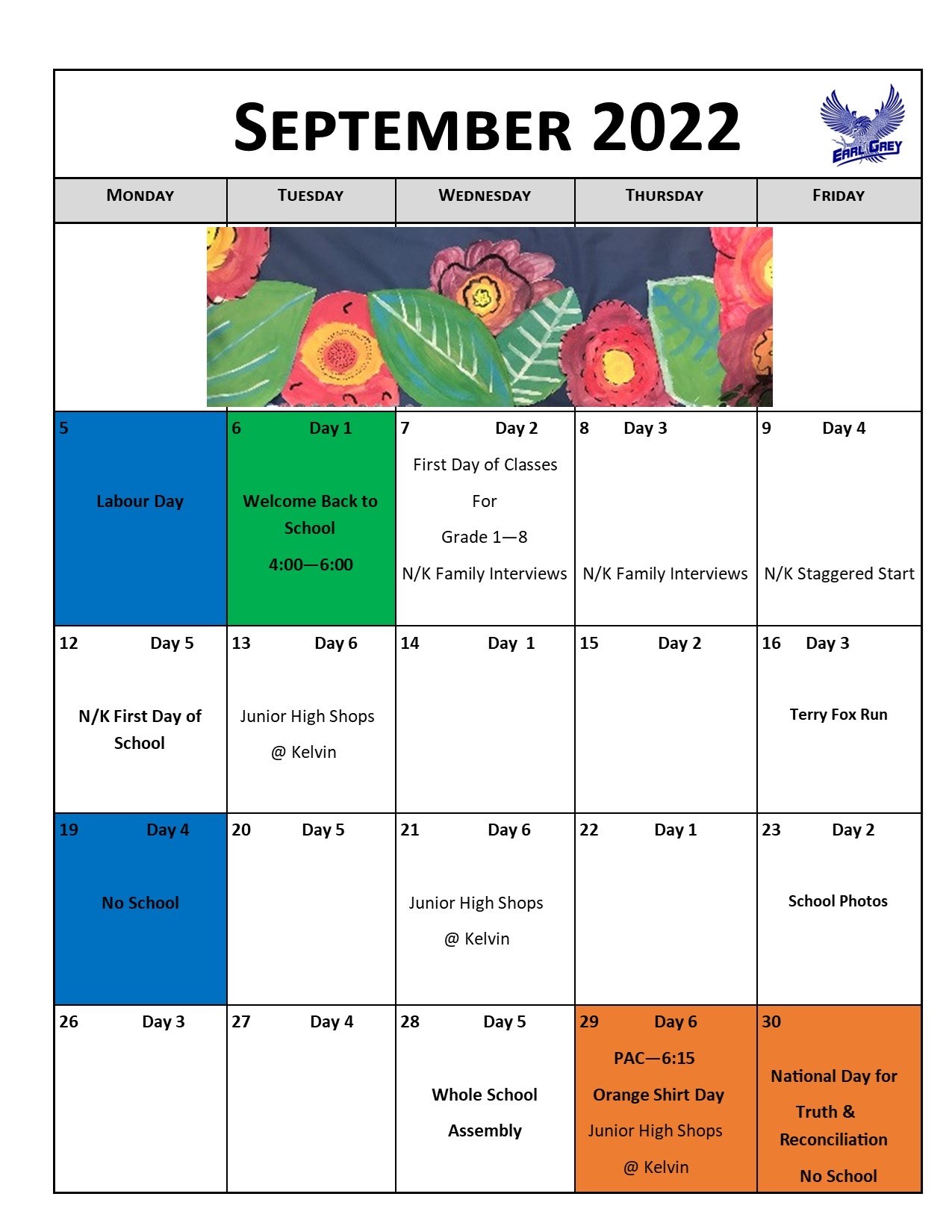 Earl Grey School Plan and Calendar