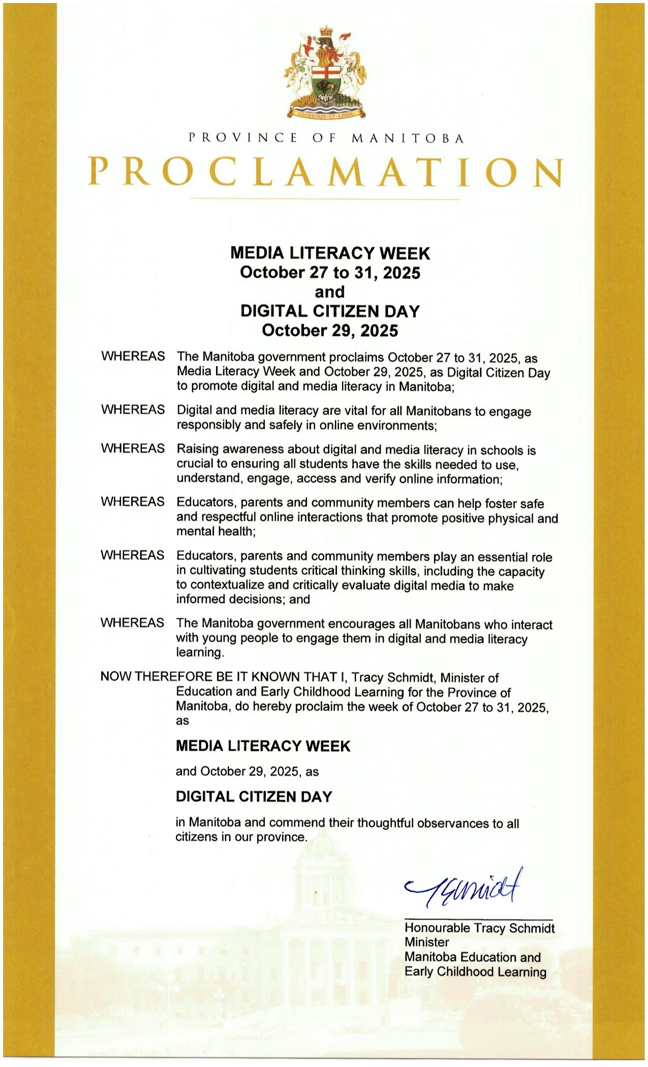 Province of Manitoba Proclamation for Media Literacy Week (October 27 to 31, 2025) and Digital Citizen Day (October 29, 2025).