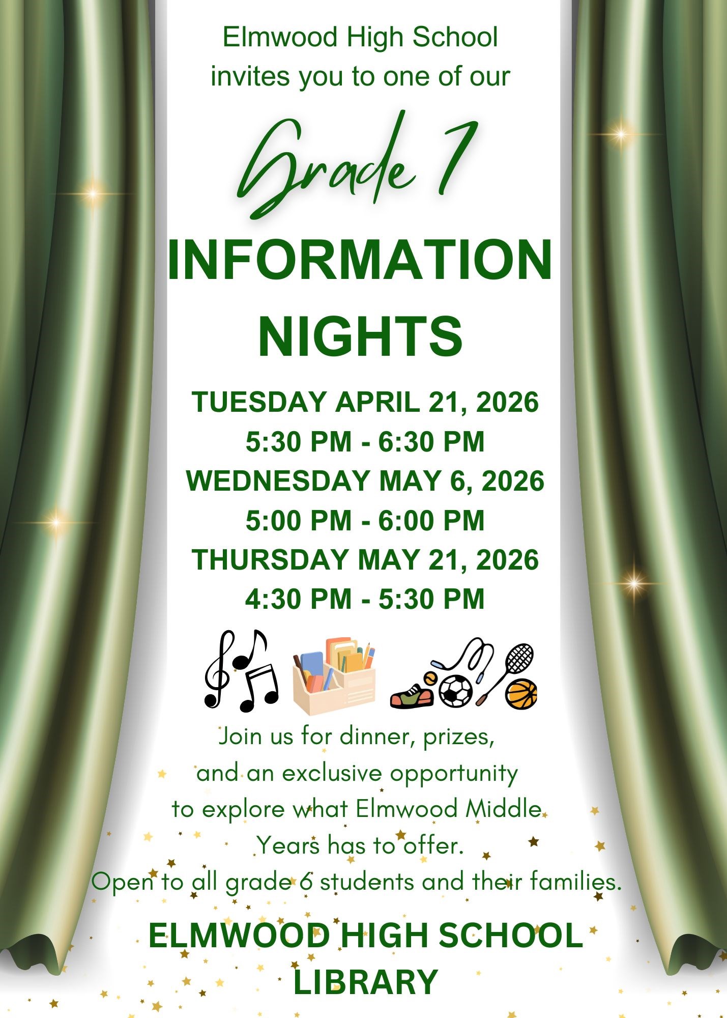 Elmwood Info Nights. Tuesday, April 21, 5:30 pm to 6:30 pm. Wednesday, May 6, 5:00 pm to 6:00 pm. Thursday, May 21, 4:30 pm to 5:30 pm.