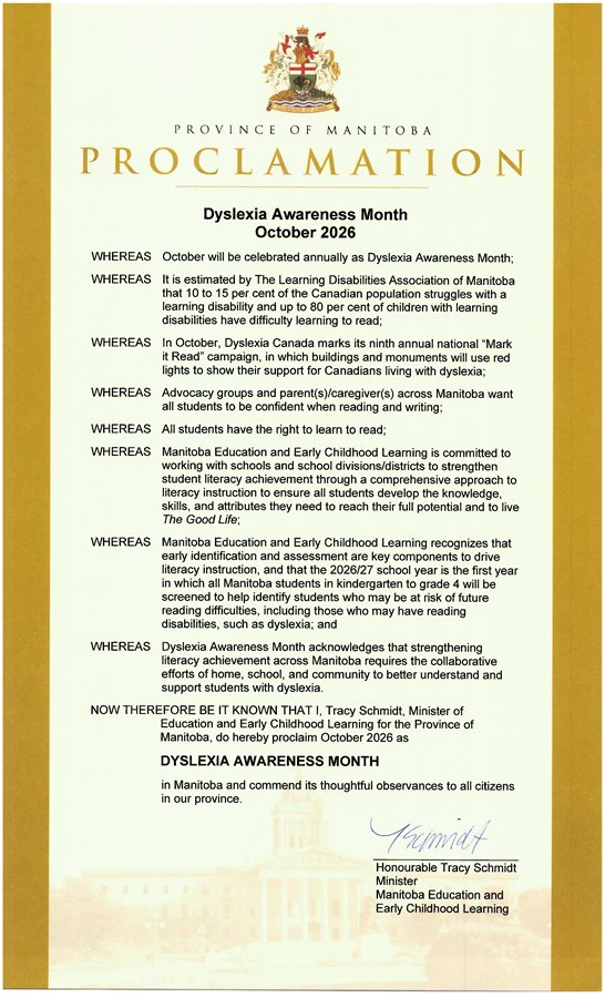 Province of Manitoba Dyslexia Awareness Month 2026 Proclamation in English
