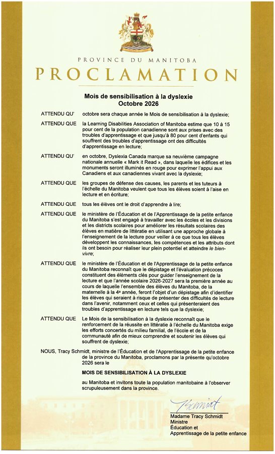 Province of Manitoba Dyslexia Awareness Month 2026 Proclamation in French