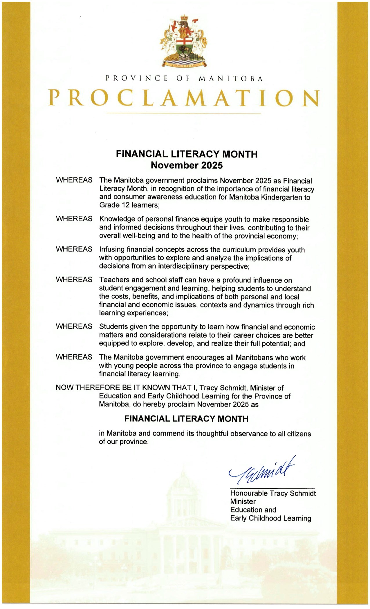 Province of Manitoba Financial Literacy Month Proclamation, November 2025