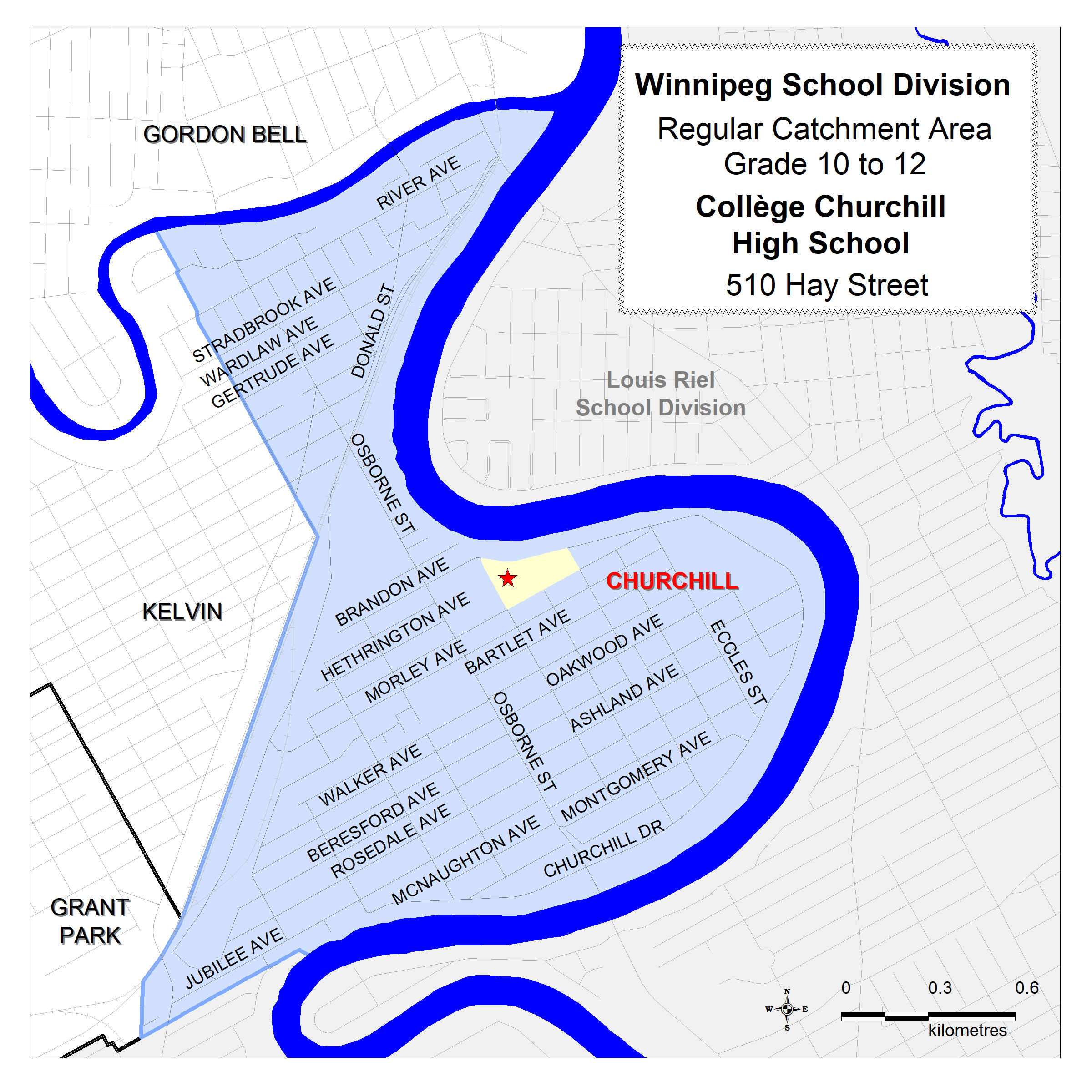 Catchment area map for grades 10-12 regular program at Collège Churchill High School 