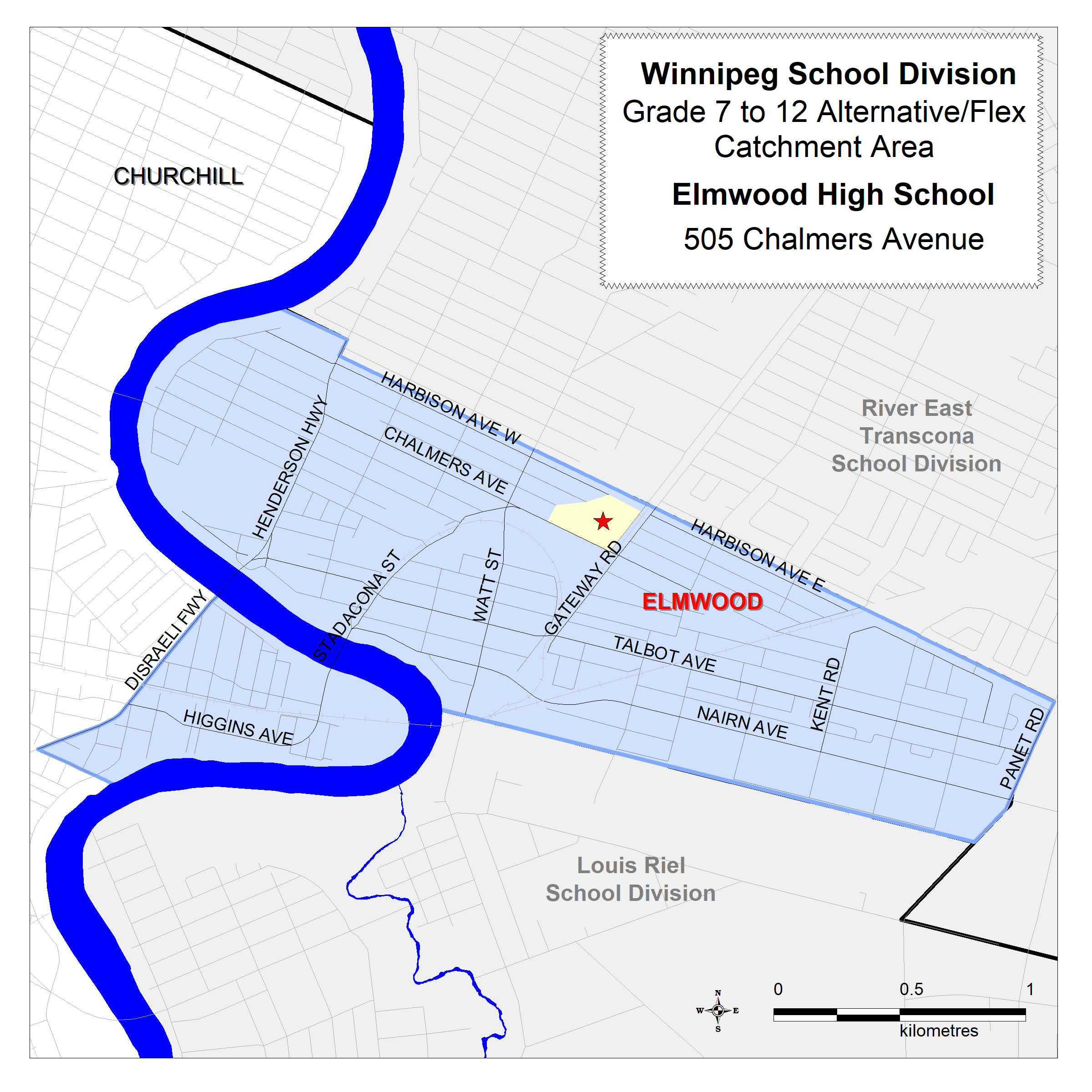 Catchment area map for grades 7-12 alternative/flex program at Elmwood High School