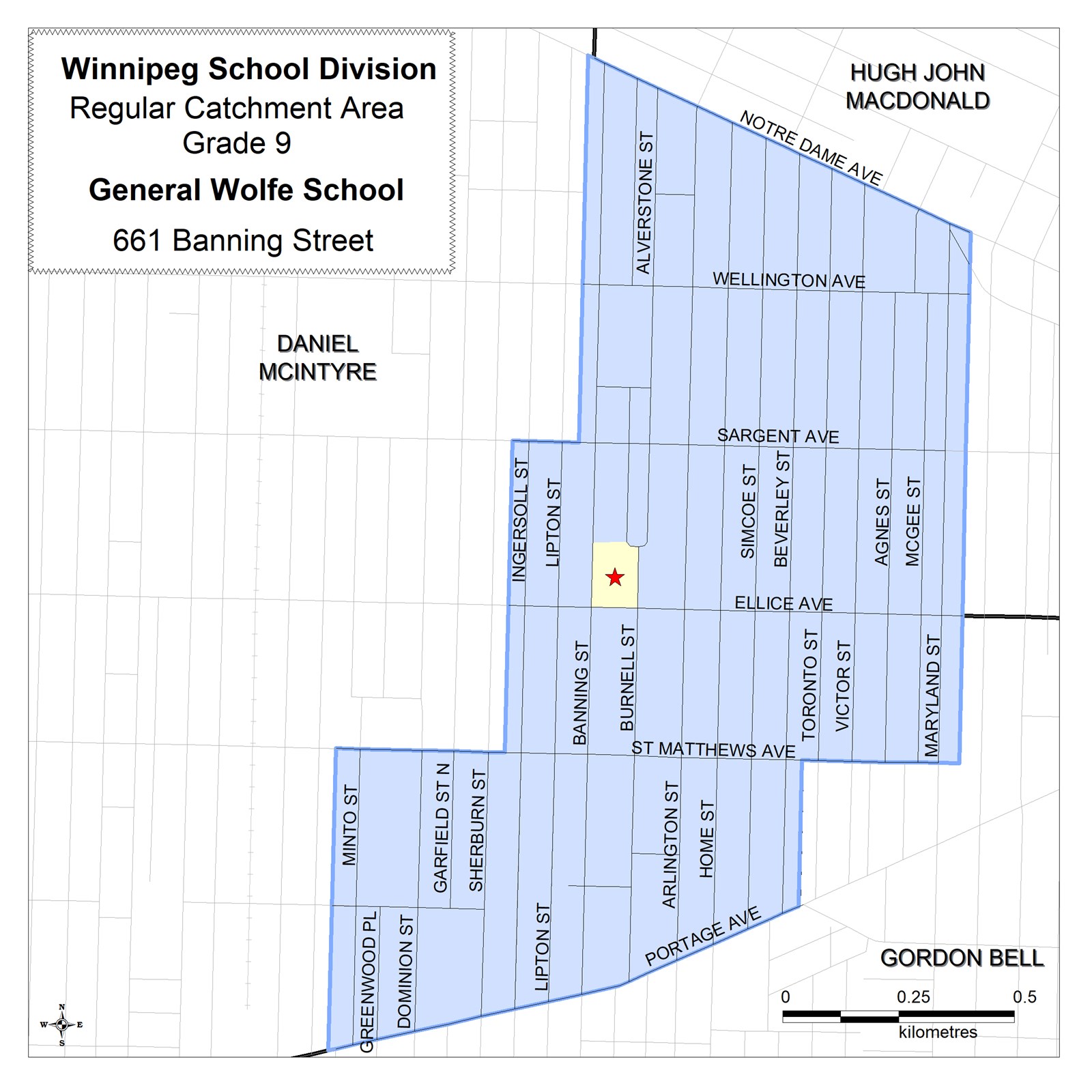 Catchment area map for grade 9 programming at Gordon Bell High School.