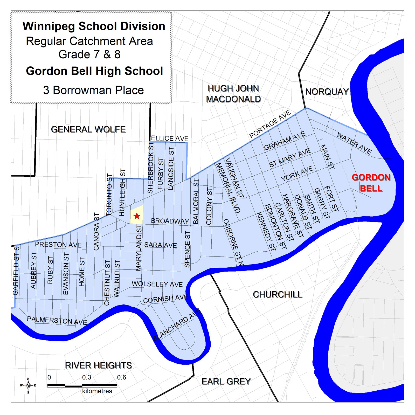 Catchment area map for grade 7-8 programming at Gordon Bell High School.