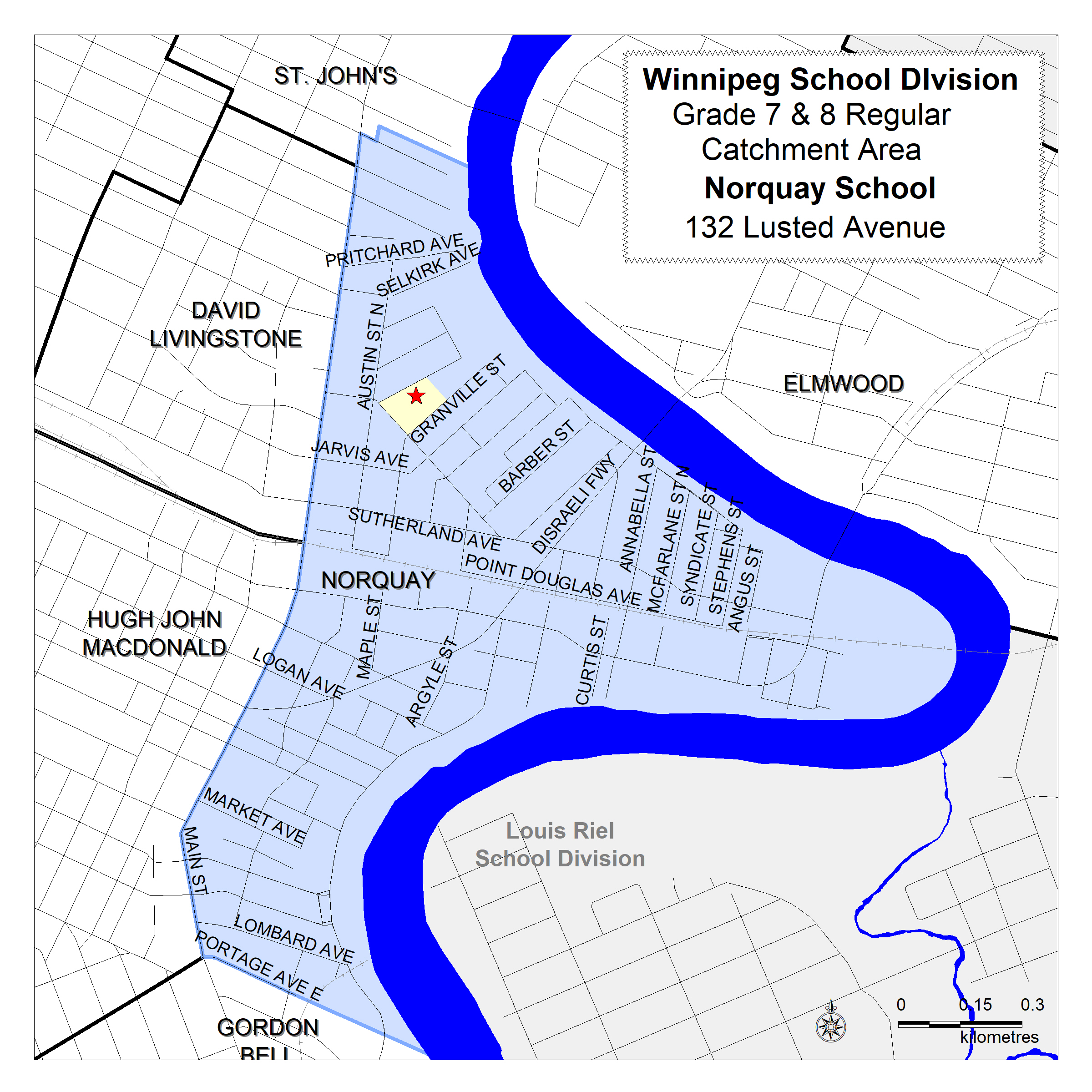 Catchment area map for grades 7-8 at Norquay school.