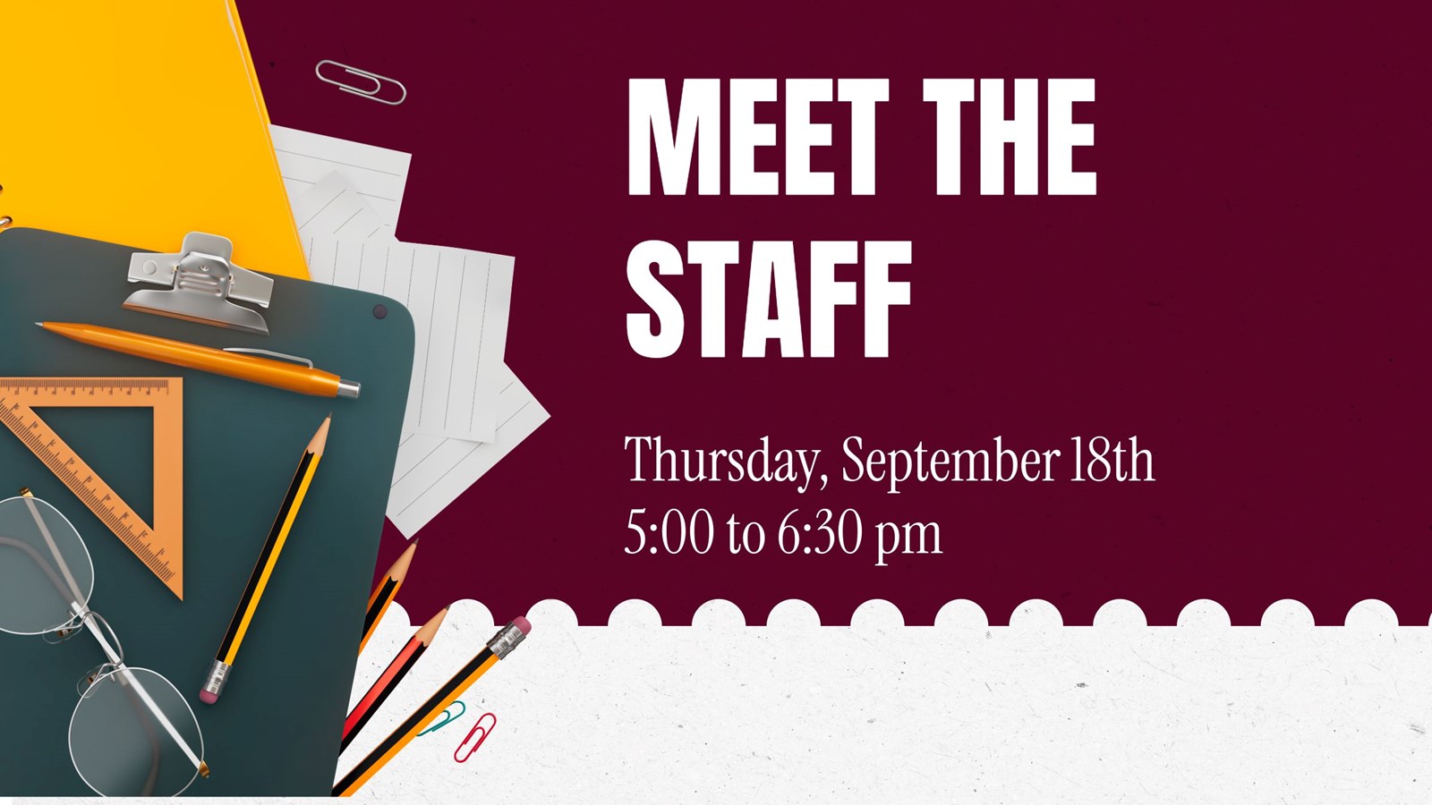 Meet the Staff, Thursday, September 18th 5:00 to 6:30 pm.