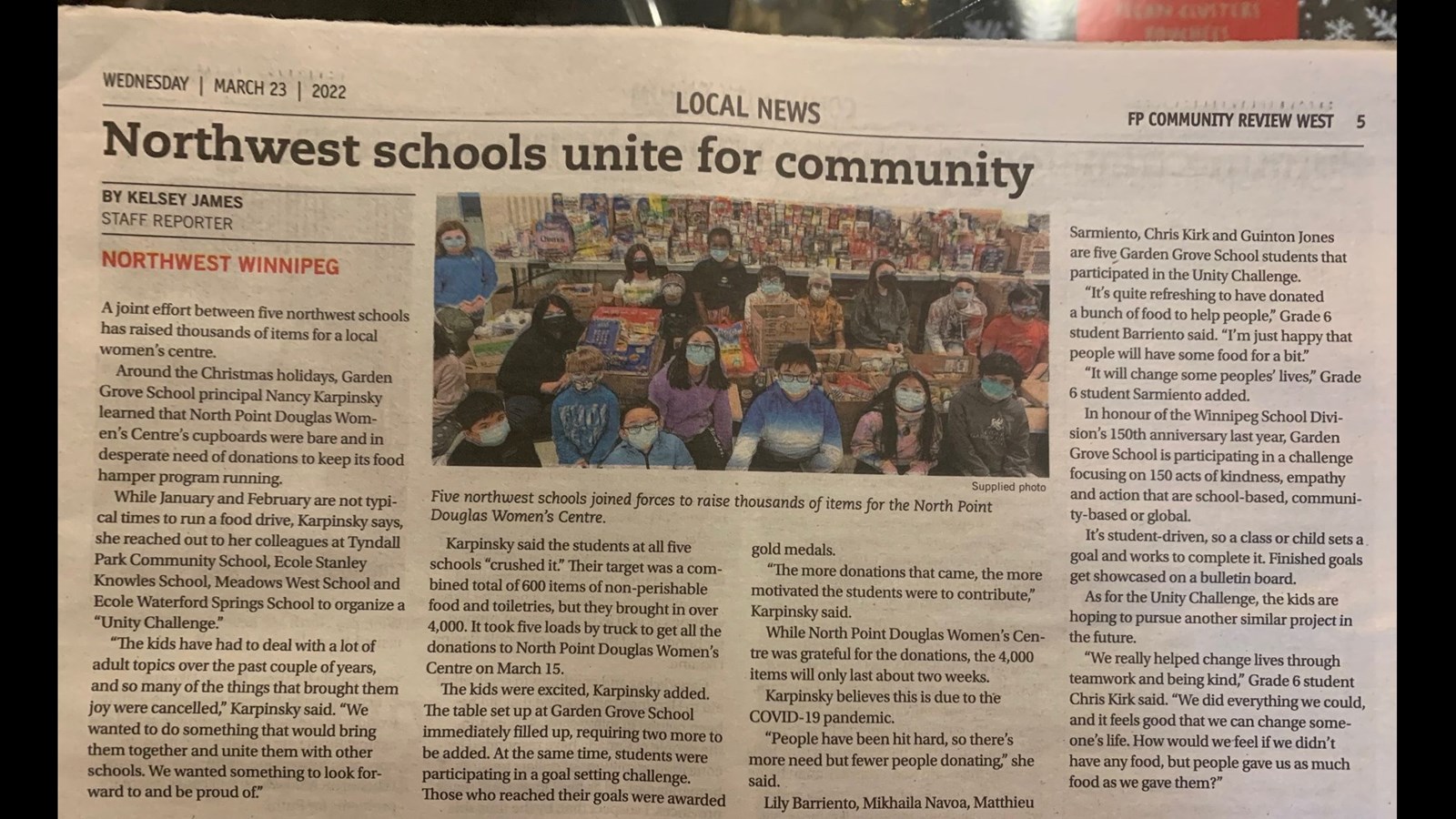 Free Press Community Paper features Unity Challenge