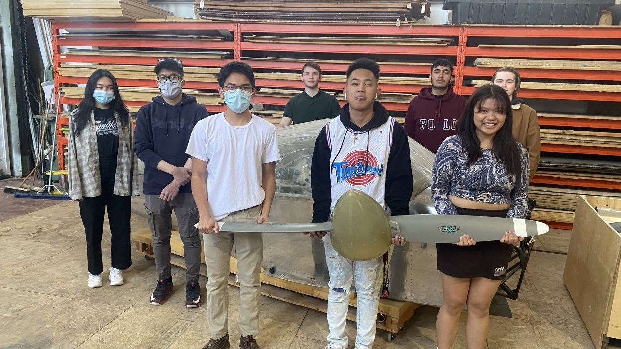 2021-22 Grade 12 Aerospace students Left to right: Rania German, Ivan Banal, Carenz Oduca, Jamie Smith, Chris Ignacio, Amrit Graya, Caleb Bremner, Nicole Sumbilla