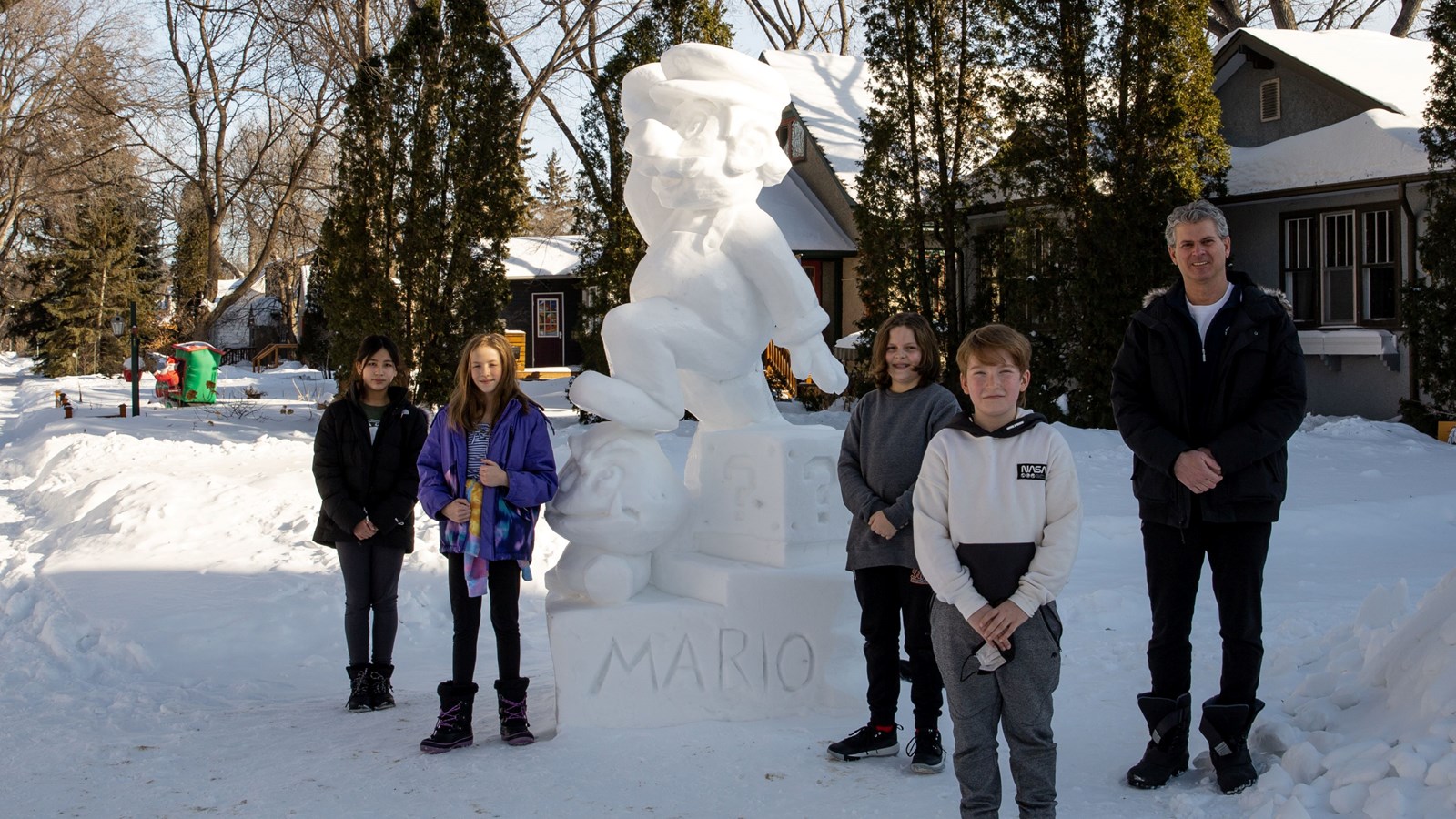 Riverview Students with Mario Snow Sculpture