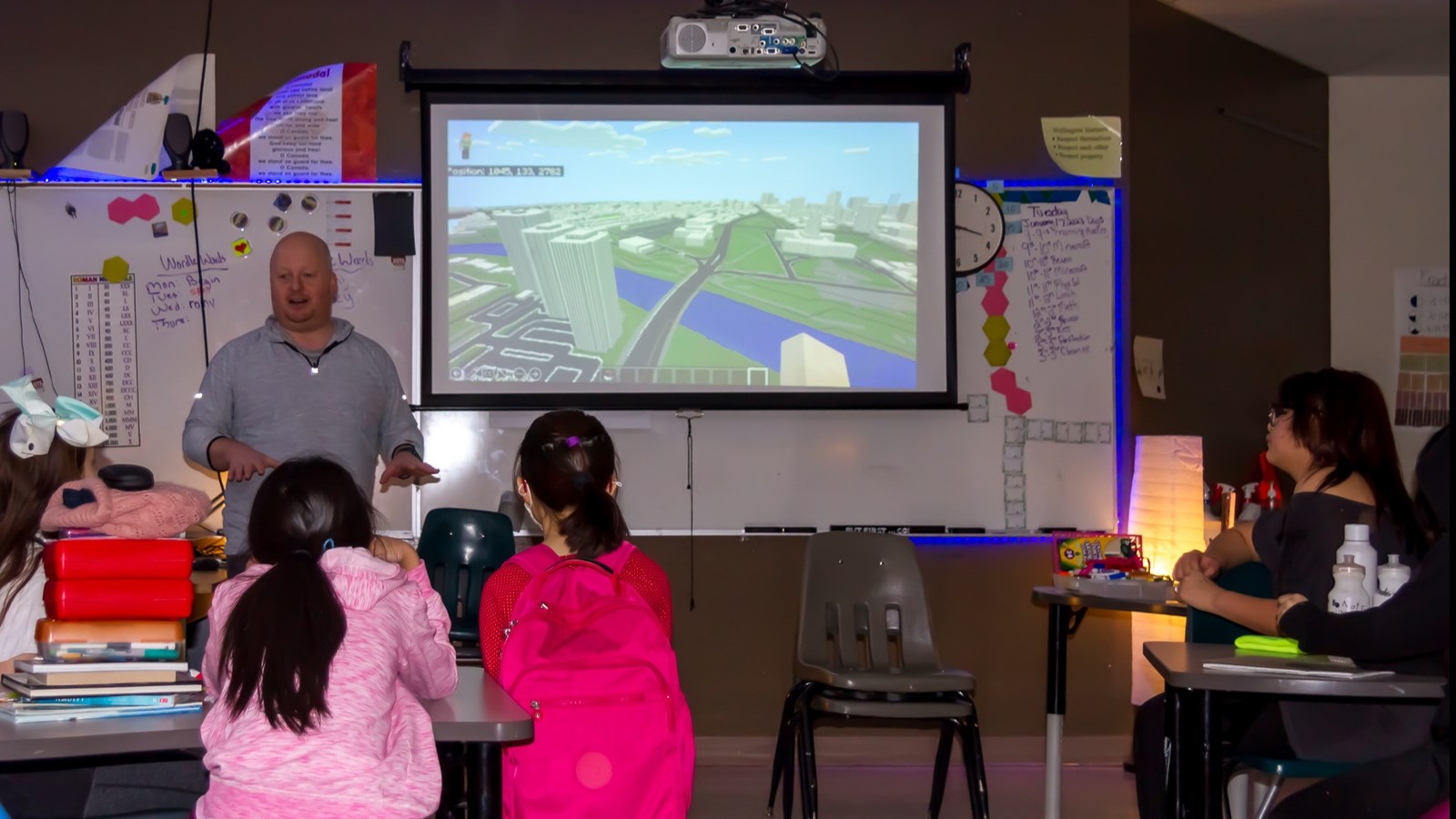 Mike Washburn introducing the Minecraft Community Collaboration project in Wellington School