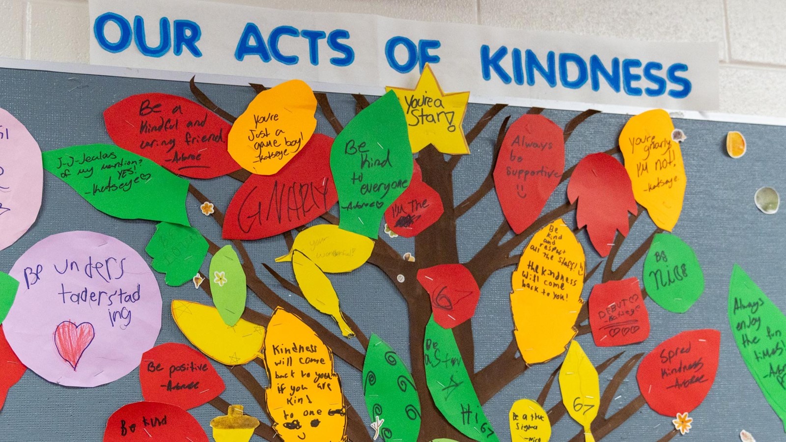 Students contribute to the interactive board by leaving encouraging messages for their peers.