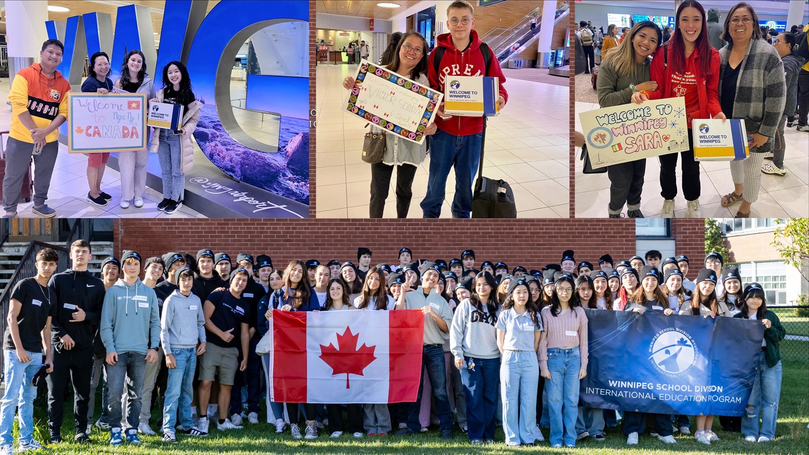 Cover photo showing all International students at the airport and at the orientation ceremony.
